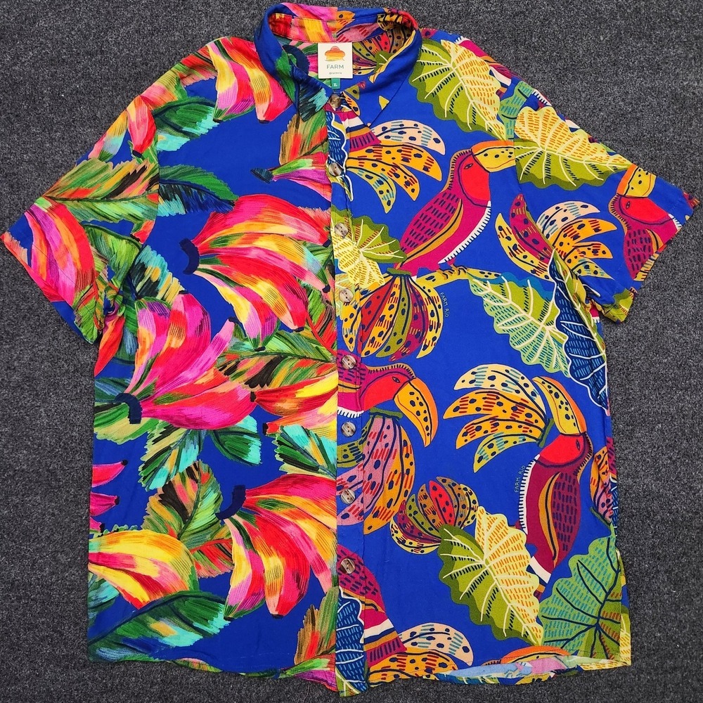 Farmrio Mens XL Vibrant Button Up Shirt Tropical Hawaiian Bananas Relaxed‎